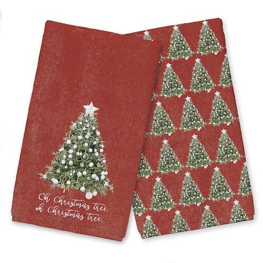 Oh Christmas Tree on Red Background Tea Towel Set